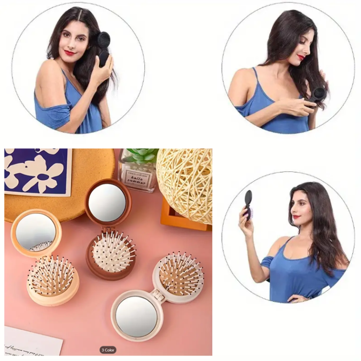 Mini Foldable Hair Brush With Mirror For Women and Girls