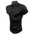 Canis-Men Casual Shirt, Solid Color Short Sleeve Lapel Neck Slim Fit Button-Down Leisure Tops. 