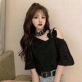 35 Summer New Korean Style Sense of Design Tie Neck off Shoulder Short Sleeve T Women's T-shirt ins Super Hot All-Matching Loose Preppy Style Top.