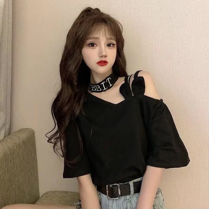 35%20Summer%20New%20Korean%20Style%20Sense%20of%20Design%20Tie%20Neck%20off%20Shoulder%20Short%20Sleeve%20T%20Women's%20T-shirt%20ins%20Super%20Hot%20All-Matching%20Loose%20Preppy%20Style%20Top%20-%20Image%205