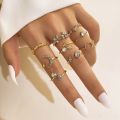 10Pcs/Set Trendy Sweet Crystal Leaf Flower Moon Star Opening Heart Rings Bohemian Women Rhinestone Jewelry Fashion Geometric Rings Set. 