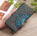 Women PU Leather Embroidery Floral Wallet with Zipper Card Holder, Blue, Red, Black, Pink, 20x10 CM.
