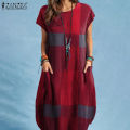 ZANZEA Women Short Sleeve Round Neck Plaid T-Shirt Dress Summer Beach Midi Dresses.