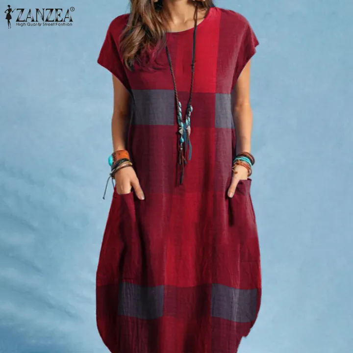 ZANZEA%20Women%20Short%20Sleeve%20Round%20Neck%20Plaid%20T-Shirt%20Dress%20Summer%20Beach%20Midi%20Dresses%20-%20Image%203