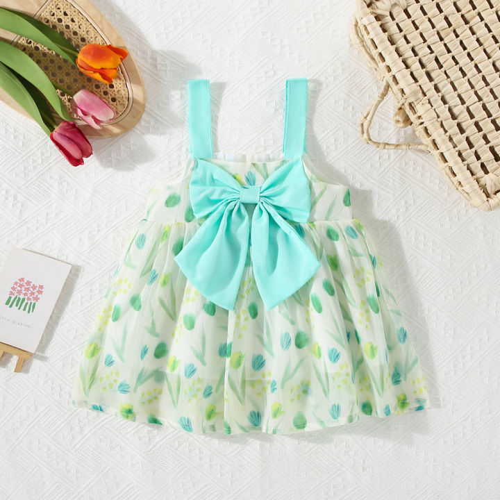 Summer new bow Hand-painted wind tulip flowers Light light halter Summer beach wind sweet Princess dress
