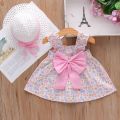 New Girls Dress 2024 Summer Kids Clothes Girl Children's Lace Sleeveless Solid Color Big Bow with Hat Floral Slip Dress.