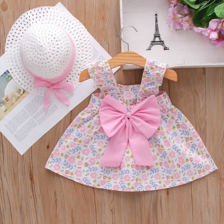 New%20Girls%20Dress%202024%20Summer%20Kids%20Clothes%20Girl%20Children's%20Lace%20Sleeveless%20Solid%20Color%20Big%20Bow%20with%20Hat%20Floral%20Slip%20Dress%20-%20Image%202