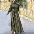 ZANZEA Muslimah Women Muslim Long Sleeve Satin Silky Evening Bowknot Waist Dancing Maxi Dress. 