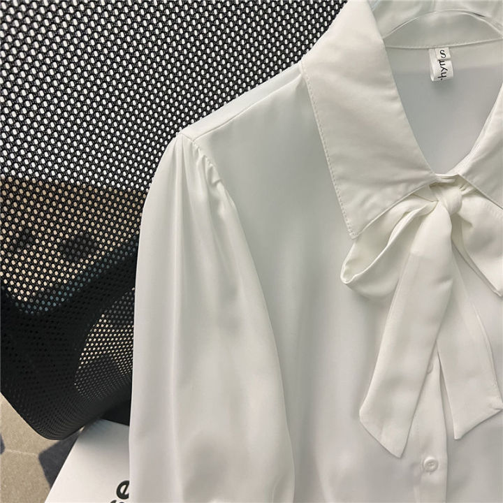 Lantern%20Sleeve%20Elegant%20Spring%20and%20Autumn%20Bow%20Shirt%20White%20Chiffon%20Shirt%20Women's%20Formal%20Wear%20Lace-up%20Fashionable%20Professional%20Top%20-%20Image%204