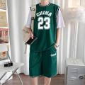 Sleeved Basketball Jersey Ice Silk Sports Suit Breathable Quick-Drying Loose Large Size Unisex Style Team Uniform National Fashion Shorts. 