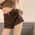 Summer Brown Stretch Denim Shorts Women's Small Versatile Hip Lifting Temperament Slim-Fit High Waist Figure Flattering Hot Pants Trendy. 