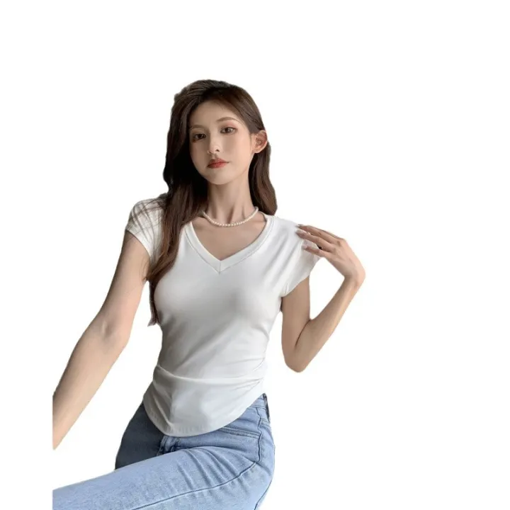 40%20Support%2094%20Cotton%20Combed%20Cotton%20Sweet%20and%20Spicy%20V%20Collar%20Slim-Fitting%20Basic%20Short%20Sleeve%20T%20T-shirt%20Women's%20Summer%20New%20Slim%20Fit%20Slimming%20Top%20-%20Image%205