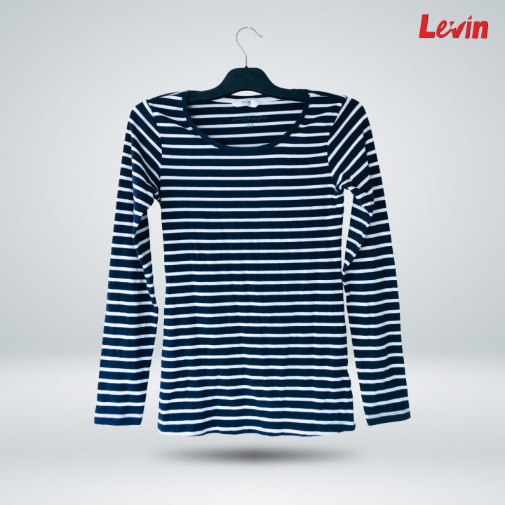 Womens Full Sleeve Cotton T-Shirt Round Neck Stripes Long Sleeve T