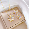 Fashion Jewelry Set Women Stainless Steel 18k Gold Zircon Clover Butterfly Heart Pendant Necklace And Earrings Set For Gift. 