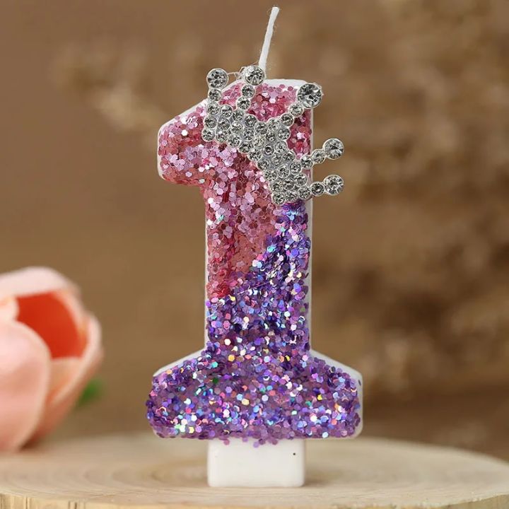 Creative Gradient Pink Purple Crown Number Cake Decorations Birthday Candles Shine Princess Girl Birthday Cake Decorations 2024