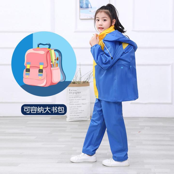 Children Raincoat Rain Pants Set Waterproof Thickened Full Body Boys and Girls Older Children Primary School Students Split Schoolbag Seat Tendon Cloth