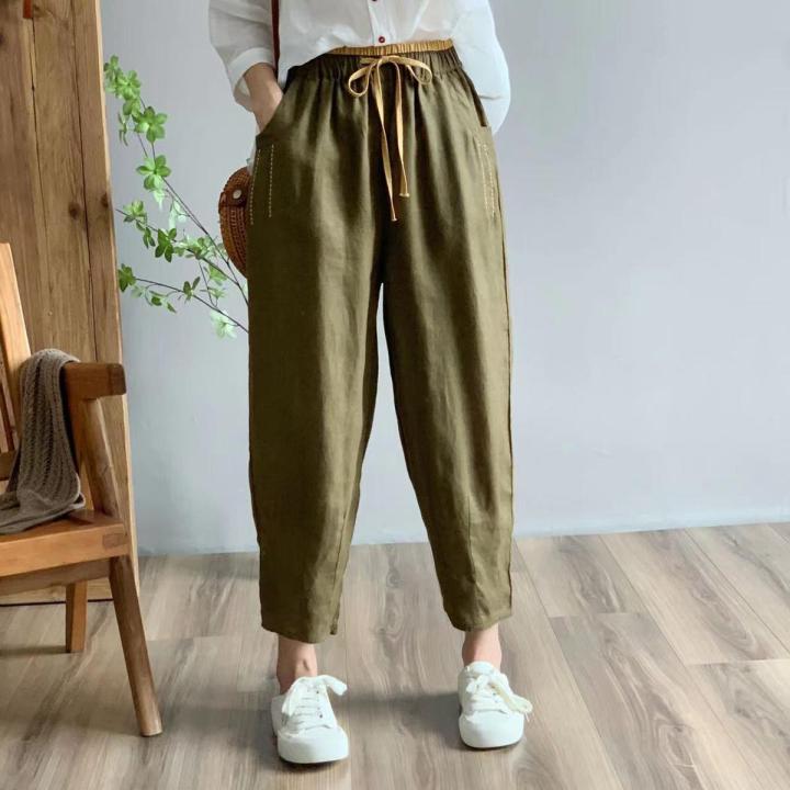 Artistic Retro Leisure Style Linen Elastic Waist All-Match Summer Harem Pants