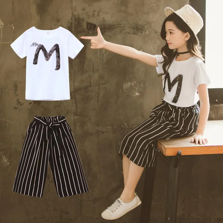 Teen%20Kids%20Girls%20Letter%20Sequin%20T-shirt%20Short%20Sleeve%20Tops%20Stripe%20Pants%20Outfits%20Set%20-%20Image%205