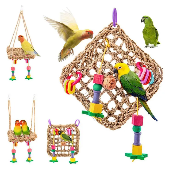 Bird Parrot Straw Hanging Hammock Swing Cage Mesh Mat Pet Foraging Chewing Toy