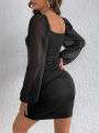 Women's Square Neck Bodycon Dress Long Puff Sleeve Ruched Mini Dresses Summer Solid Color Casual Female Evening Party Dress.