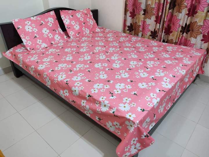 Cotton Print 7.5/8.5 Feet Double King Size Bad sheet Set With Two ...