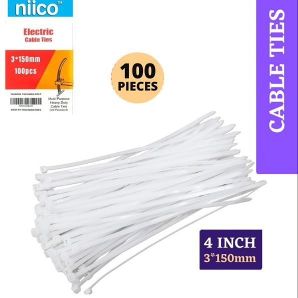 Cable Ties 4 Inch 3 X 150 mm White Color Durable Nylon Self-Locking Electric Zip Tie-100 PCS Packet