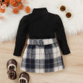 【In-Demand Item】 2PCS Autumn And Winter 1-4 Year Old Girls And Baby Trendy And Fashionable Solid Color High-Necked Top + Plaid Skirt Suit.