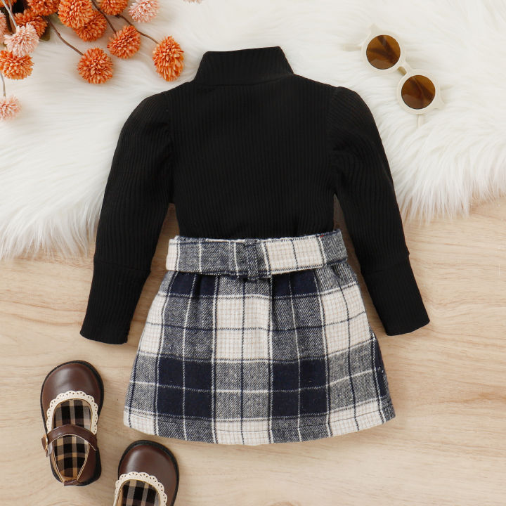 %E3%80%90In-Demand%20Item%E3%80%91%202PCS%20Autumn%20And%20Winter%201-4%20Year%20Old%20Girls%20And%20Baby%20Trendy%20And%20Fashionable%20Solid%20Color%20High-Necked%20Top%20+%20Plaid%20Skirt%20Suit%20-%20Image%202
