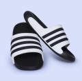 Men’s Adidas-PUMA Style Black & White Slide Slippers – Lightweight, CoMen’s Black & White Striped Casual Slides –.