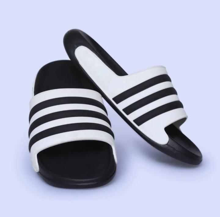 Men’s Adidas-PUMA Style Black & White Slide Slippers – Lightweight, CoMen’s Black & White Striped Casual Slides –