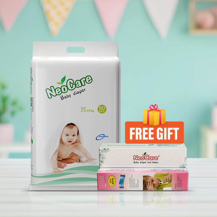 Neocare Belt System Baby Premium Diaper M (4-9 kg) - 50pcs (Free digital thermometer)