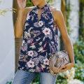 Spring flowers Women Summer Tank Tops, Floral Print Tie-Neck Sleeveless Vest Tops, Streetwear for Girls, Light Purple/Apricot/Navy Blue. 