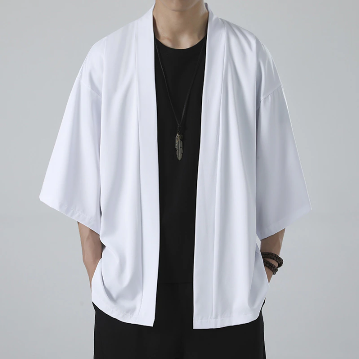 Men's Kimono Shirt Traditional Japanese Style Clothing Male Open Front Cardigan 3/4 Sleeve Yukata Coat Haori Casual Beach Shirts