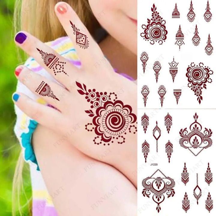 Brown Henna Tattoo Sticker for Children Waterproof Temporary Tattoos Small Size Mehndi Tattoo for Hand Girl Sleeve Body Art