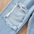 Summer girls' suit, children's one-shouldered white top, ripped jeans suit, fashion trendy girls' wear. 