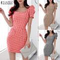 Korean Style Womens Geometric Printed Sundress Elegant Square Neck Mini Dress #11. 