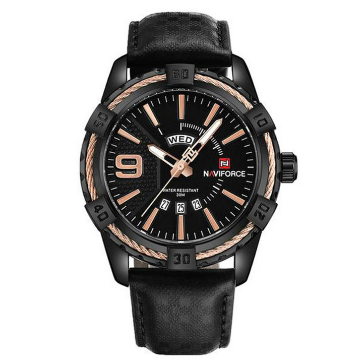 Naviforce NF9117 - Black PU Leather Analog Watch for Men - RoseGold & Black
