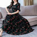 Women Fashion Long Sleeve Beach China Linen Fabric Printing Dress Black.