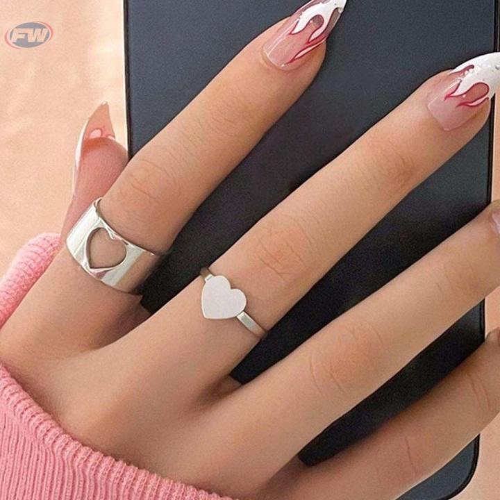 LOVE King & Queen Couple Ring Set In Titanium Hart Colour - Silver