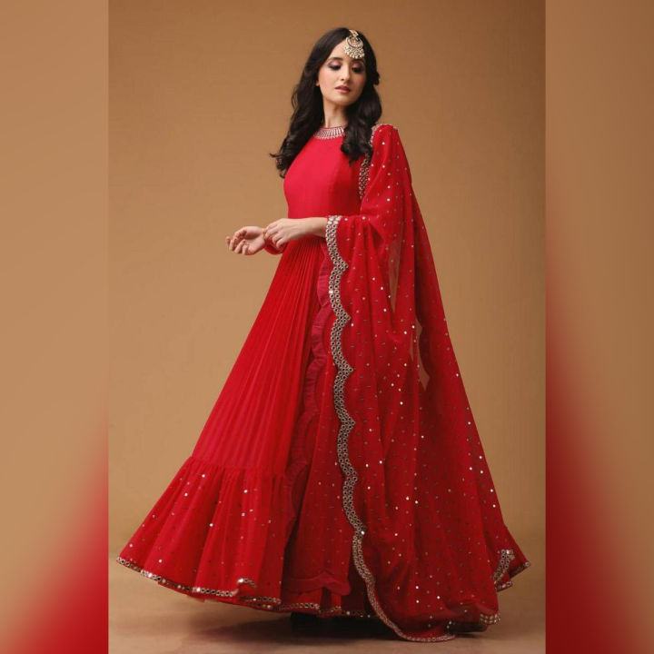 Red Georgette Embroidery Semi Stitched Perty Dress for Women