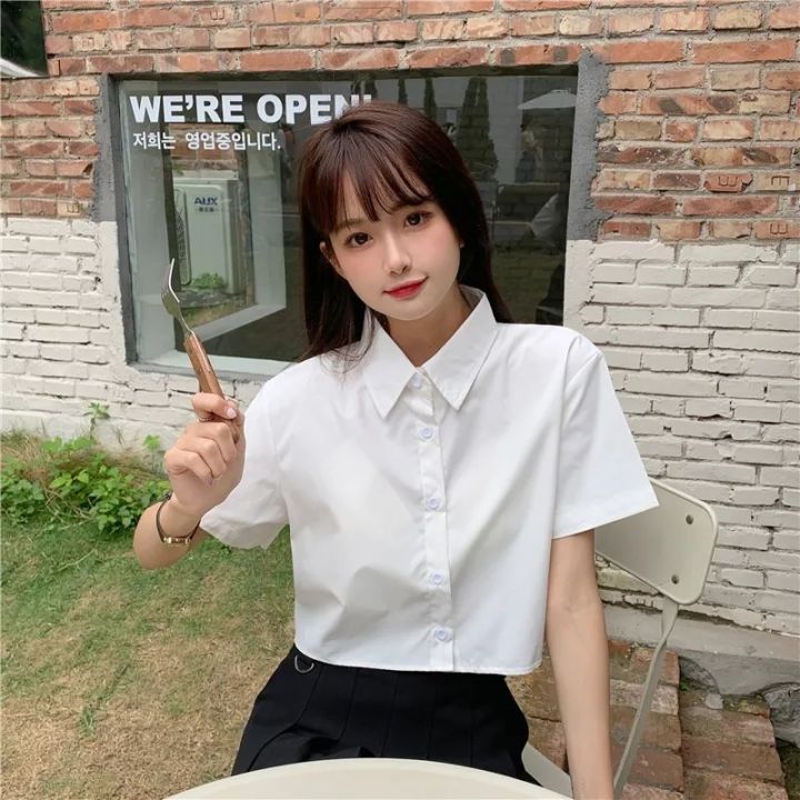 Korean%20Fashion%20White%20Shirt%20Woman%202023%20Cute%20Crop%20Top%20Preppy%20Button%20up%20Shirts%20Oversize%20With%20Tie%20Long/Short%20Sleeve%20-%20Image%202