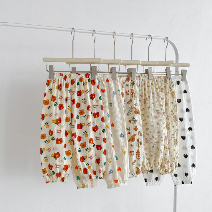 Summer New Floral Pants For Girls Thin Cotton Versatile Trousers Toddler Fashion Full Print Casual Loose Mosquito Proof Pants