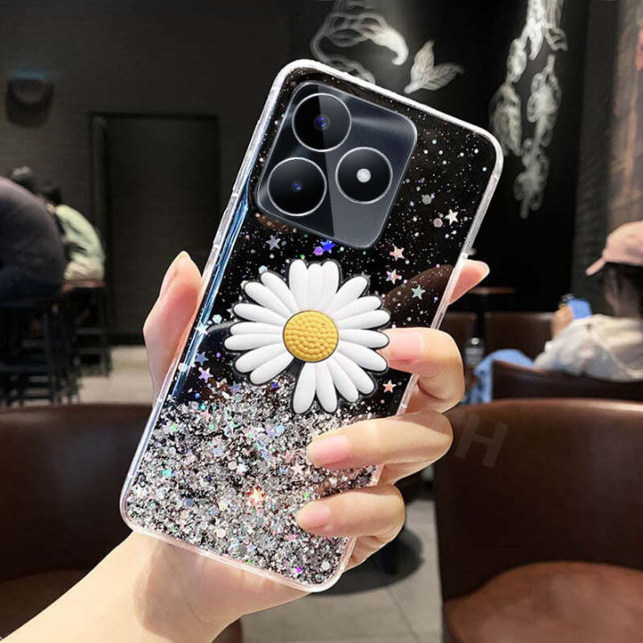 For Realme Note 50 4G Case Glitter Bling Soft Stars Moon Sequins Chrysanthemum Flowers Folding Bracket Transparent Silicone For Realme Note 50 Back Cover