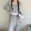 Long Sleeve T-shirts Womens Two Piece Cropped Tops Streetwear Slim Daily Korean Style Ulzzang Chic Tees Female Design Hot.