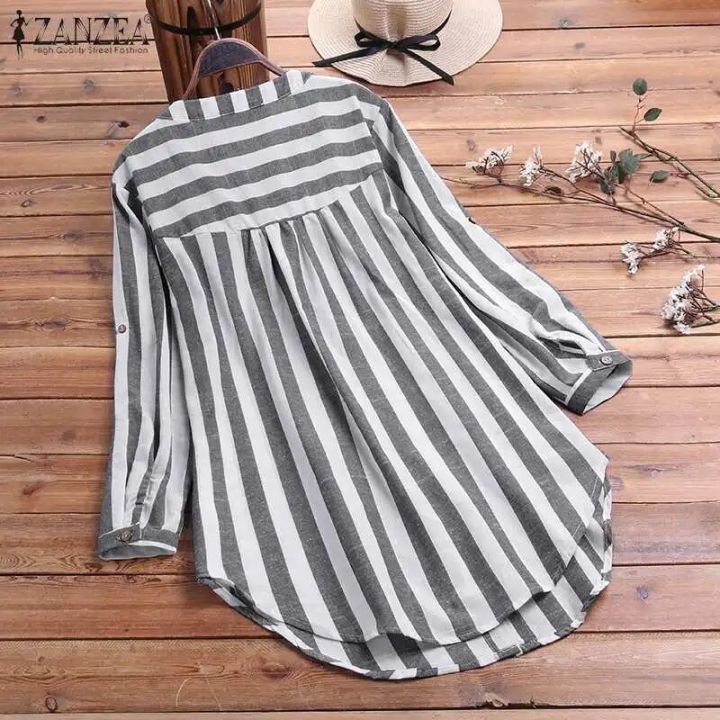 Oversized%20Women's%20Stripe%20Blouse%202023%20ZANZEA%20Spring%20Causal%20Shirts%20Button%20Down%20Blusas%20Elegant%20Female%20Long%20Sleeve%20Asymmetrical%20Tops%20-%20Image%204