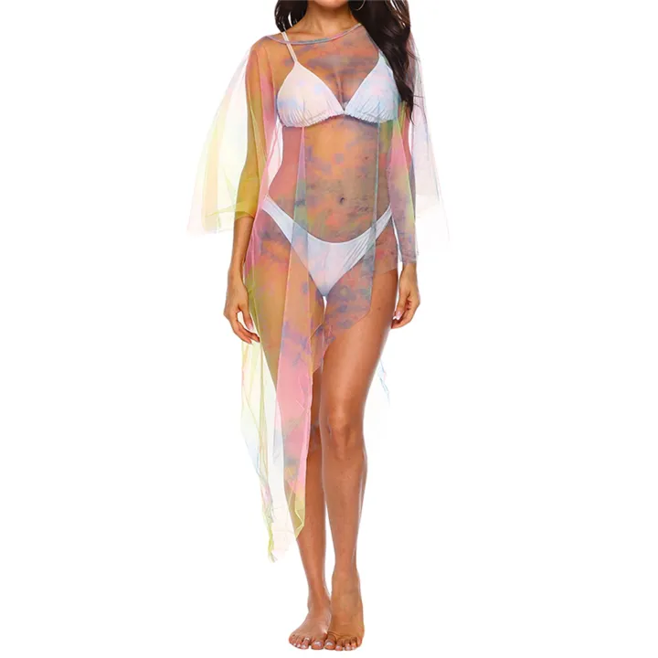 Women%20Bikini%20Cover-Ups%20Mesh%20See-Through%20Fashion%20Print%20Crew%20Neck%20Irregular%20Hem%20Beach%20Swimwear%20Sunscreen%20Blouse%20-%20Image%202