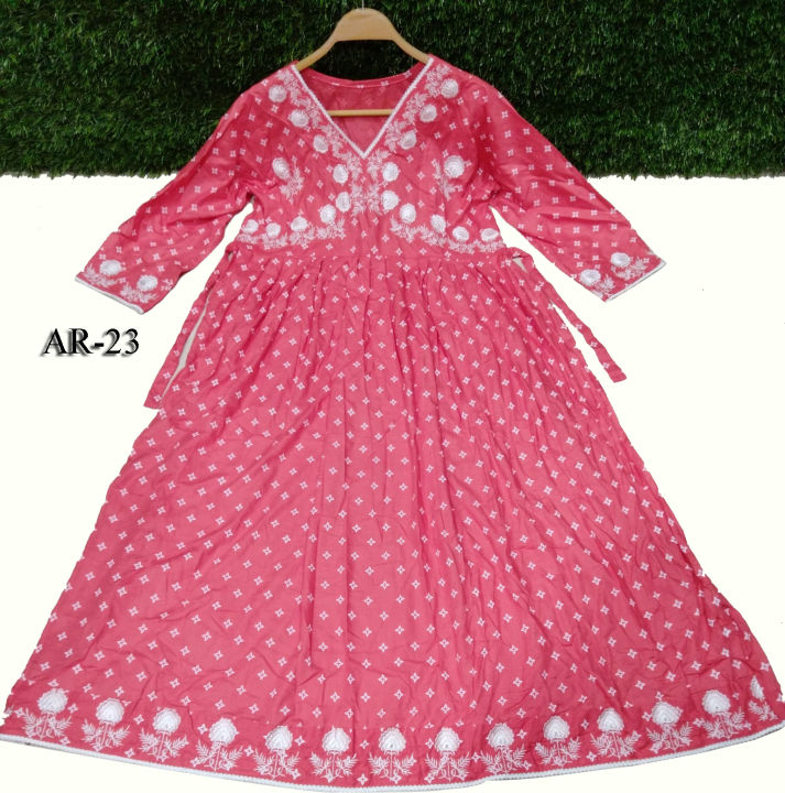 Stitched%20China%20Linen%20Fabric%20Embroidery%20Work%20Screen%20Print%20Long%20Gown%20Gol%20Jama%20for%20Women%20-%20Image%203