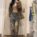 Women's National Fashion Ripped JeansinsTrendy American High Street Small ManhiphopHot Girl Pants Baggy Straight Trousers.