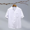 Cross-border new summer men's cotton and linen crepe solid color men's shirt Chinese style stand collar casual men's loose shirt. 