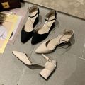 French Teenage High Heels Women 2024 Spring and Summer New Wanwan Style Shoes All-Matching Chunky Heel Mid Heel Internet-Famous Pointed Toe Shoes. 